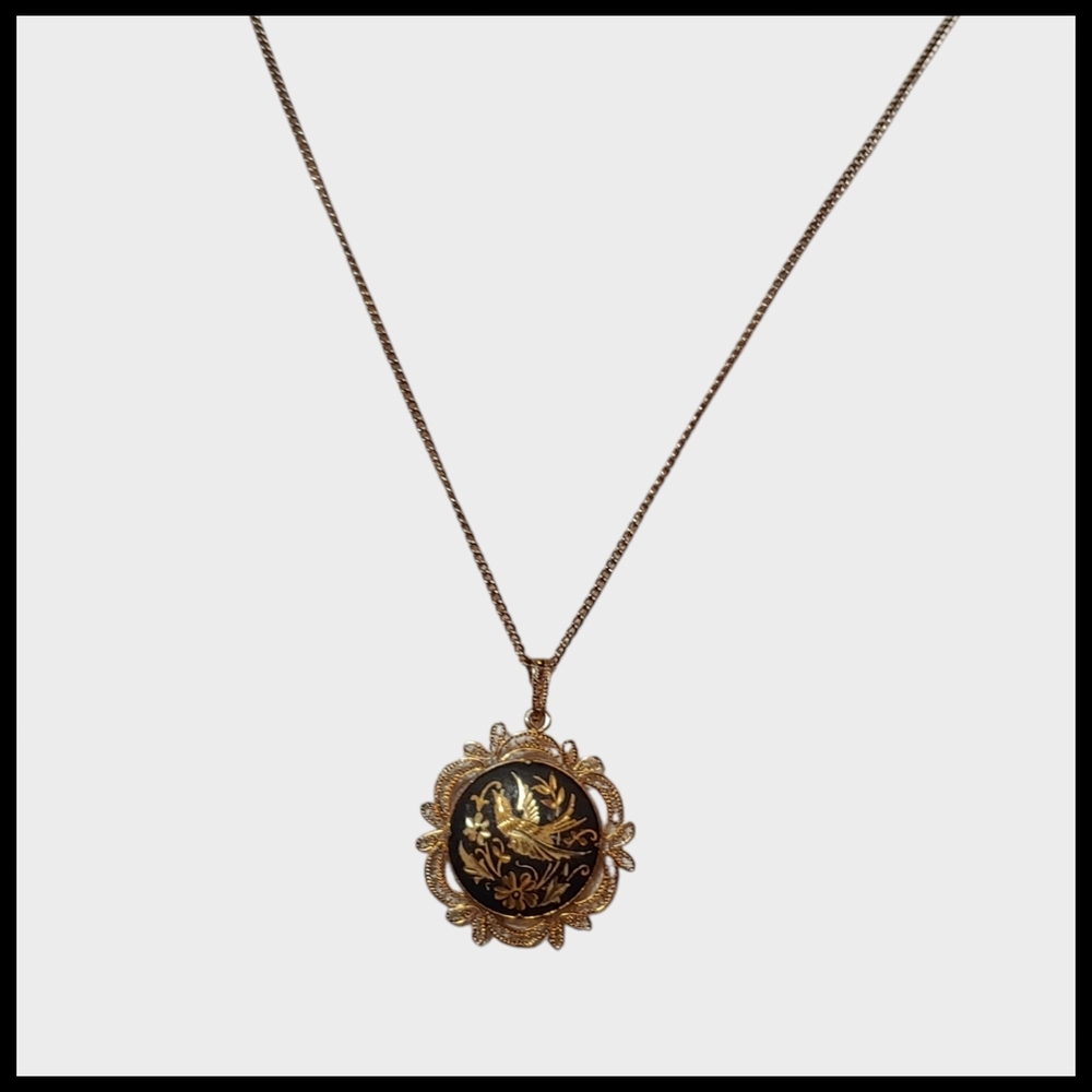 Vintage Damascene Bird and Floral Pendant Necklace